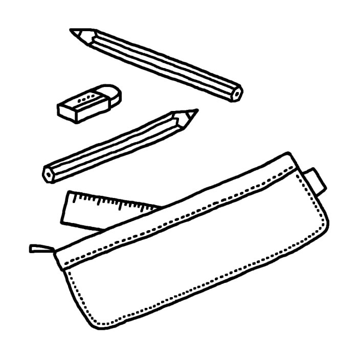 筆入れ 鉛筆 消しゴム 白黒 文房具 学用品の無料イラスト 学校素材