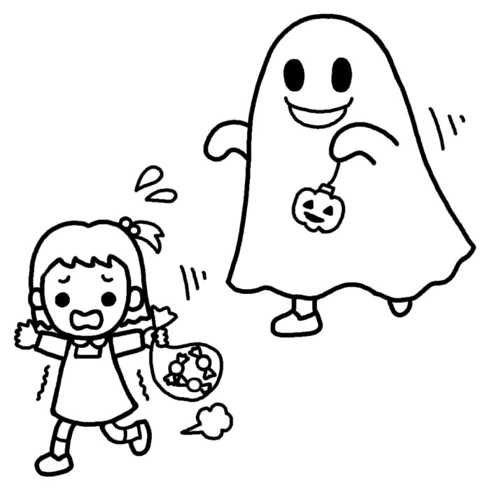 おばけこわいよ 白黒 ハロウィンの無料イラスト 秋の季節 行事 保育素材