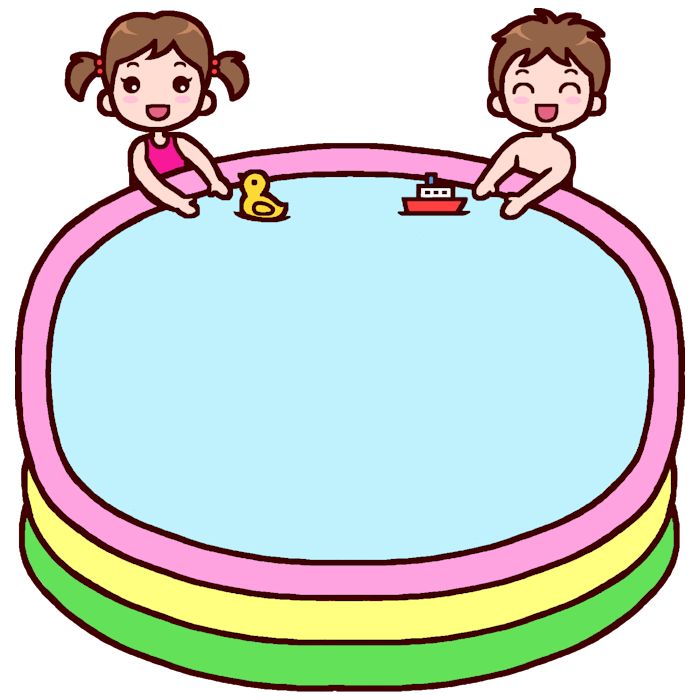 プールタイトル枠 カラー プール 水遊びの無料イラスト 夏の季節 行事 保育素材