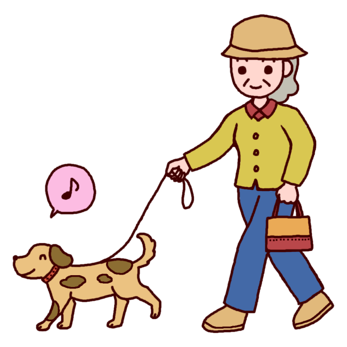 犬と散歩 カラー 健康 くらし 高齢者の無料イラスト 人物素材