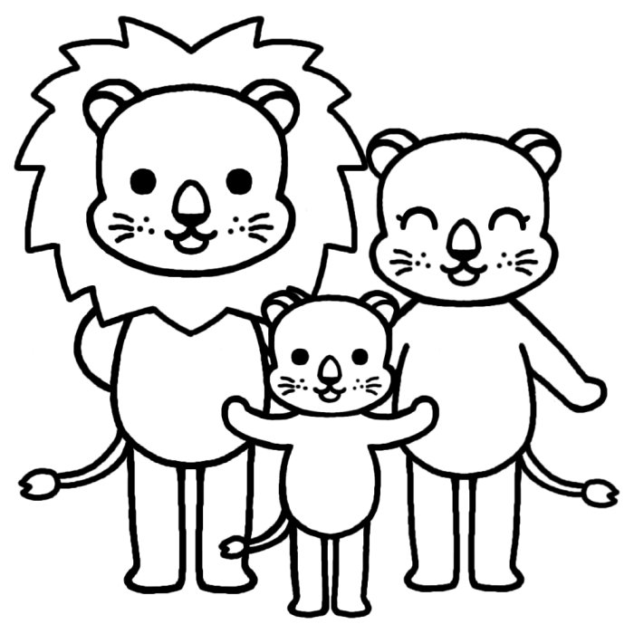 ライオン 白黒 家族 かわいい動物の無料イラスト素材