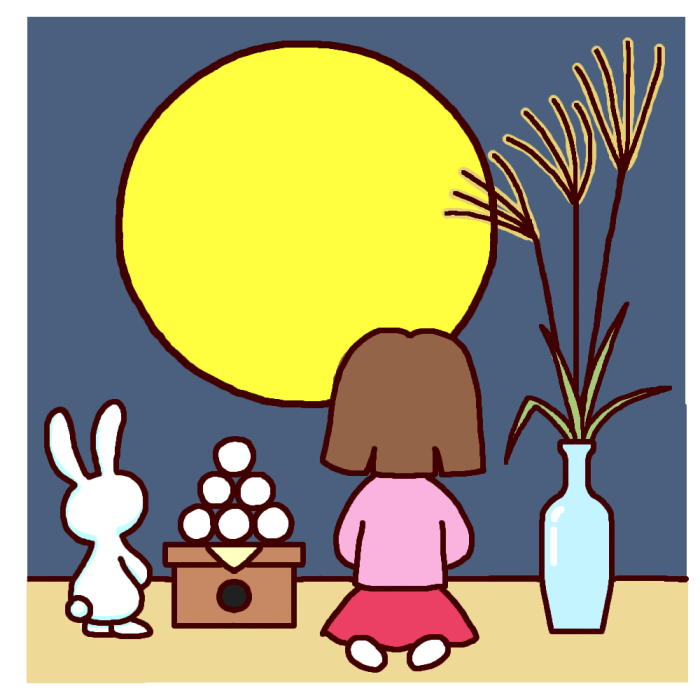 ウサギとお月見 カラー お月見 十五夜の無料イラスト 秋の季節 行事素材